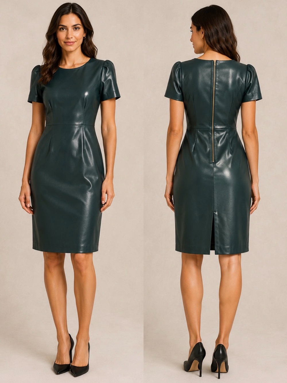 Calvin Klein Dark Green Faux Leather Short Sleeve Sheath Dress